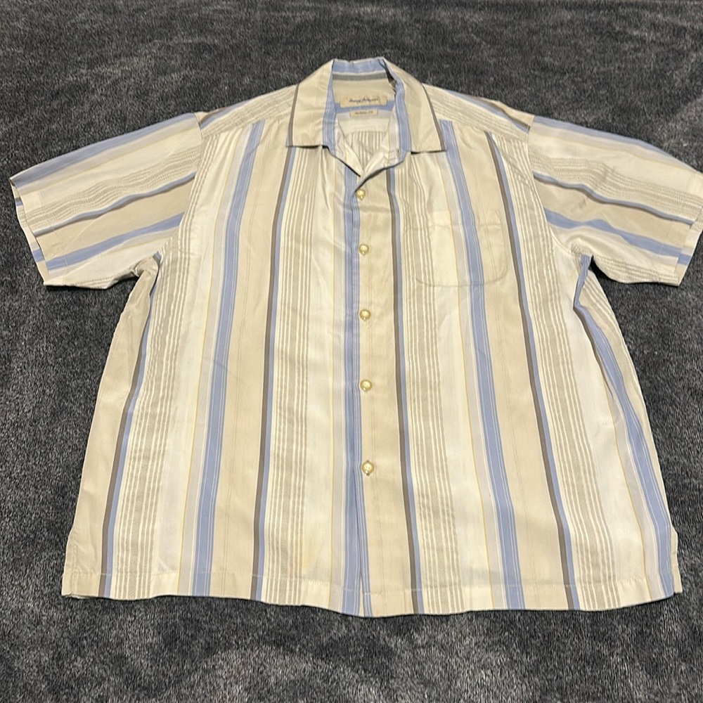 Tommy Bahama Silk Button Up, Mens XL, Blue and Tan Stripe